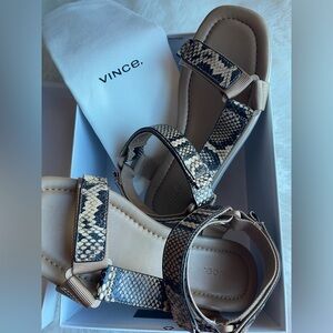 Vince Snake-Print Beige & Black Strappy Sandals